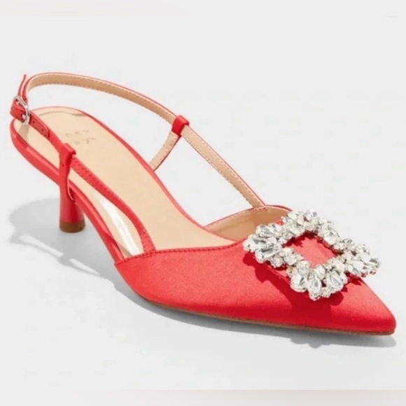 Target Annette Womens Slingback Heels A New Day Red Satin Rhinestone Size 8.5 - Picture 1 of 11
